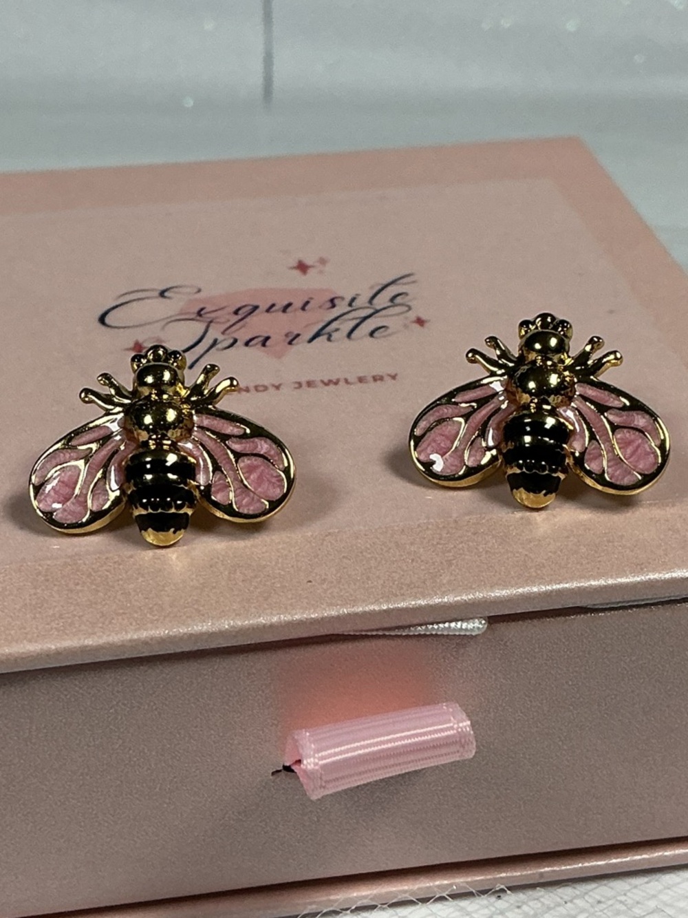 Pink & Black Bee Earrings Hand Painted Enamel Hypoallergenic Post Drop Goldtone - Picture 3 of 16